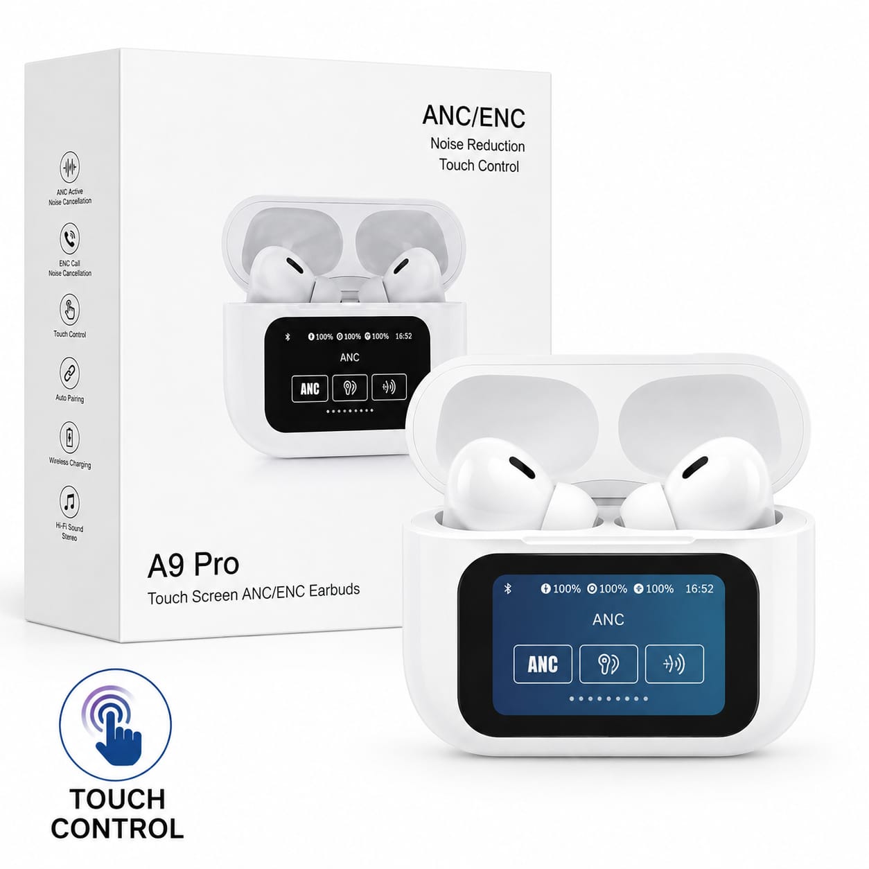 A9 Pro Touch Screen ANC/ENC Earbuds